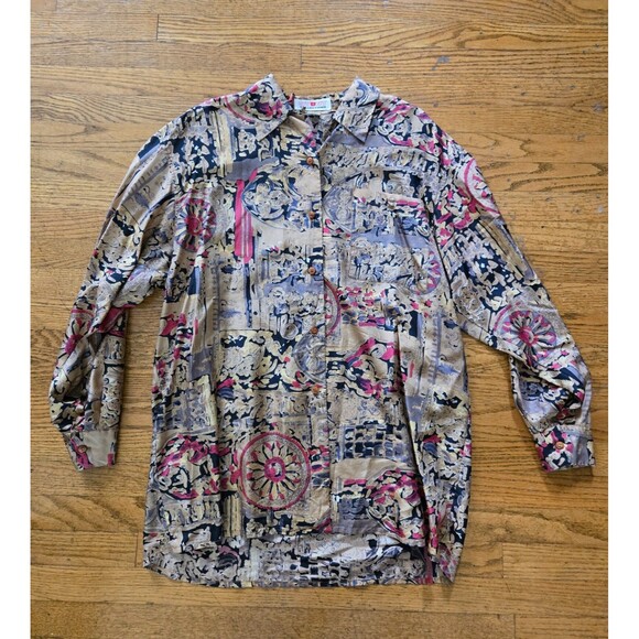 Vtg Stunt Collection 100% Silk Majestic Abstract Print Tunic Blouse Size Medium - Picture 1 of 8